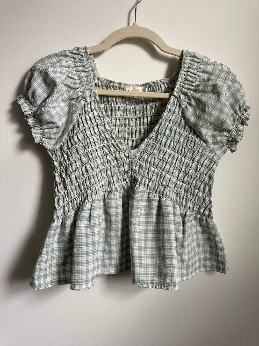 LA Hearts Smocked Plaid Peplum Top Sage Green Puff Sleeve Cropped Women’s S